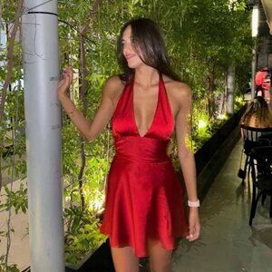 Zara Satin Effect Bow Back Halter Mini Dress Red Size XS Blogger Favorite
